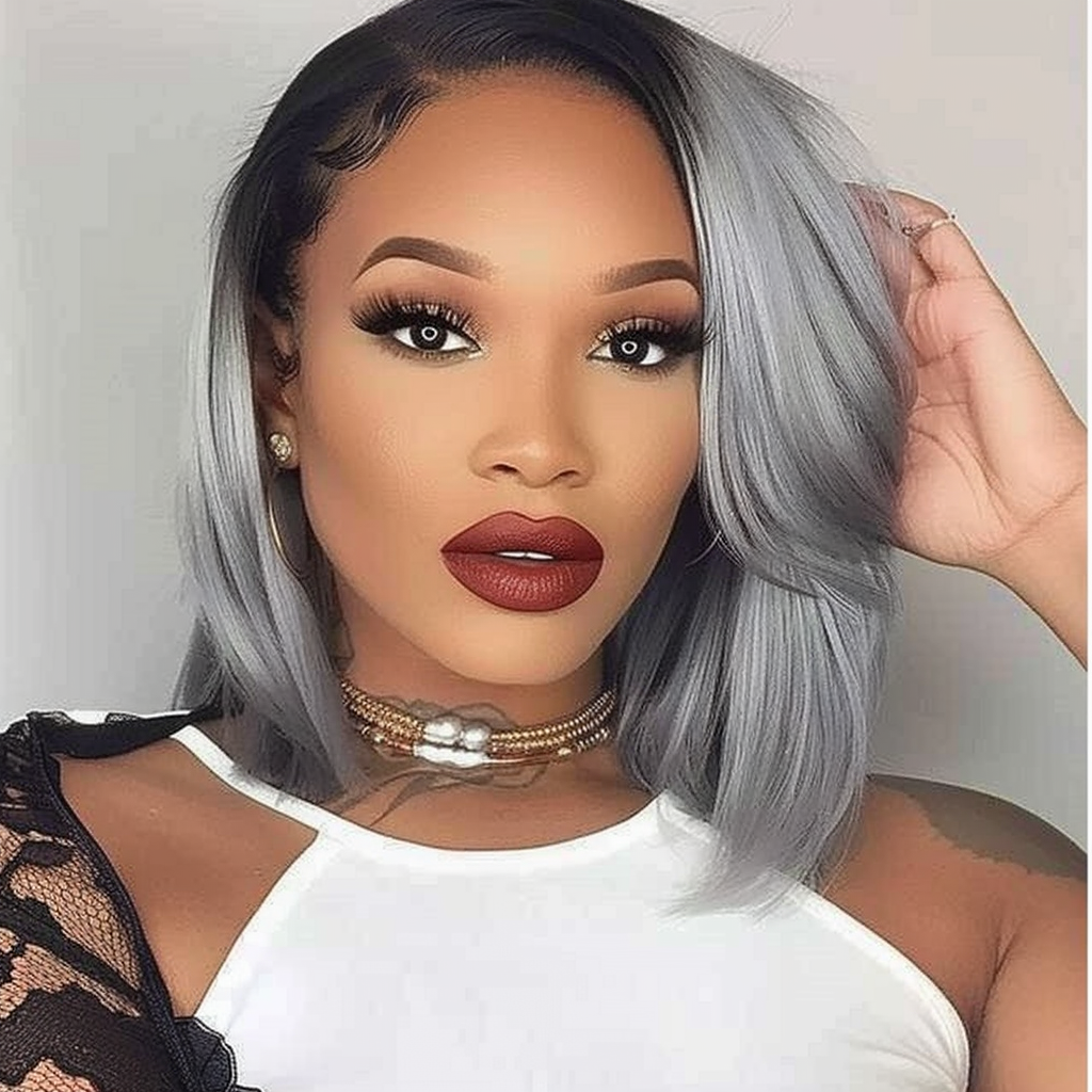 10" #1b/Gris - Perruque de cheveux humains Remy courte couleur noir/gris 10 pouces #1b/Gris