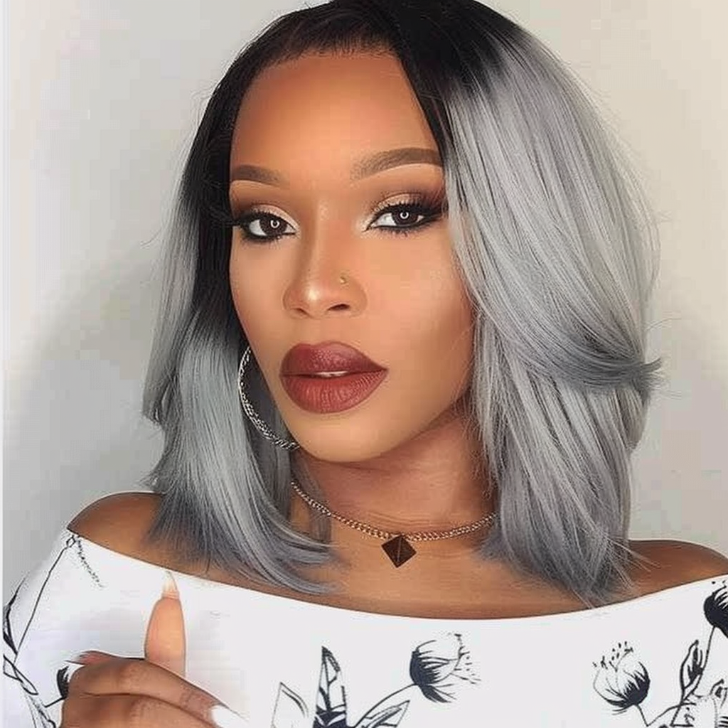 10" #1b/Gris - Perruque de cheveux humains Remy courte couleur noir/gris 10 pouces #1b/Gris