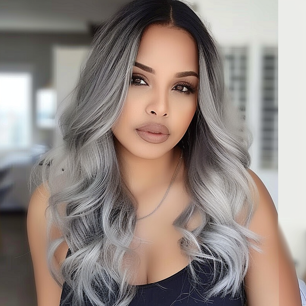 Annabelle - Long Ombre Gray Remy Human Hair Wig 18 Inches