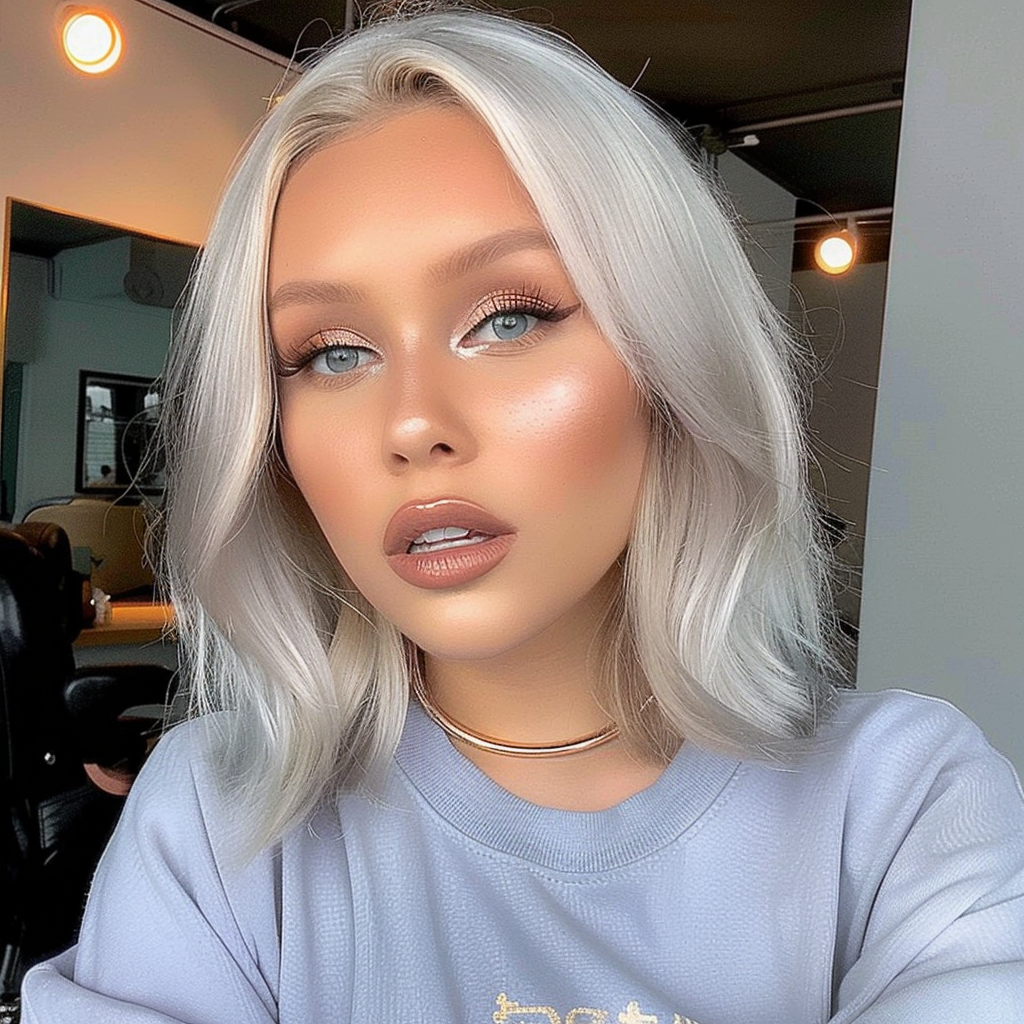 16" White Gray Remy Human Hair Short Wig 16inch, Square Cut Bob