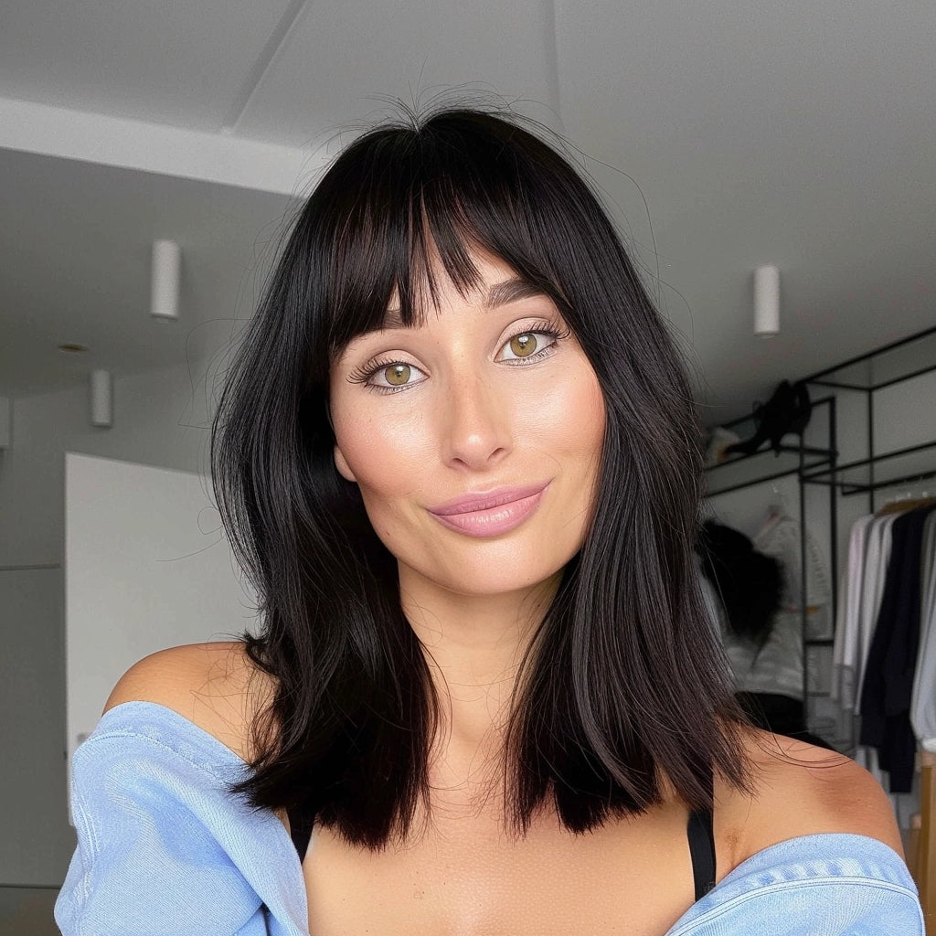 Aria - Short Black Remy Human Hair Wig 14 Inches Bob Wig With Bang