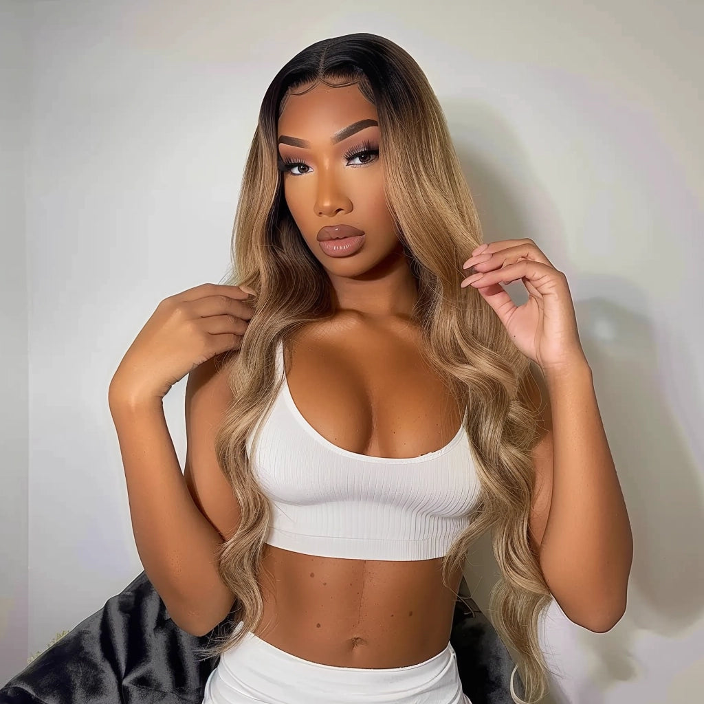 16" 4T4/27 - Short Color #4T4/27 Remy Human Hair Wig 16 inches Brown / Strawberry Blonde