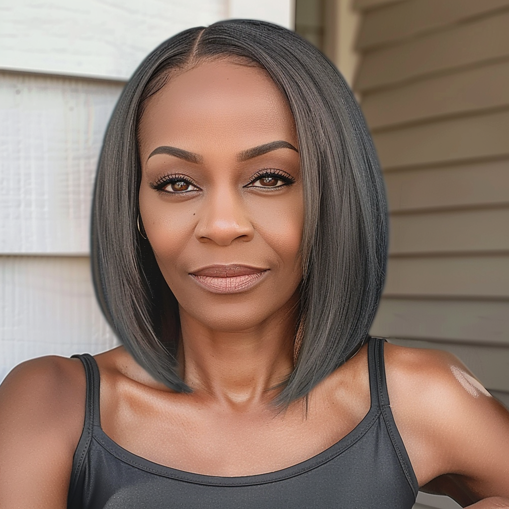 Anna - Short Black/Gray Remy Human Hair Wig 14 Inches Bob Wig