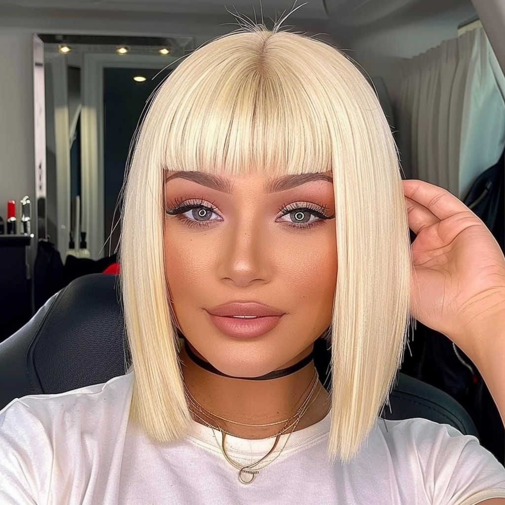 Lillian - Short Blonde Remy Human Hair Wig 14 Inches Bob Wig With Bang