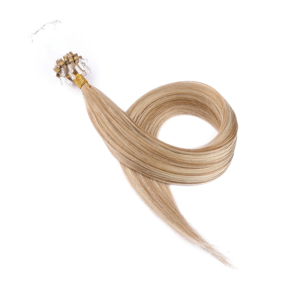 Extensions de cheveux à micro-boucles de balayage blond foncé, 20