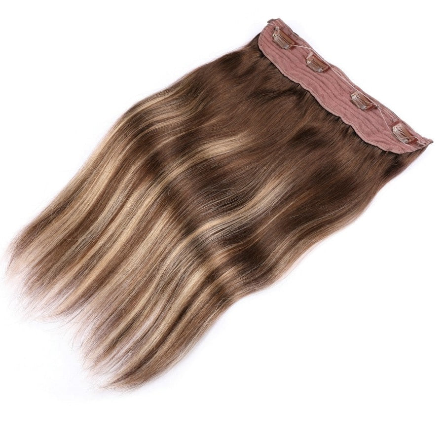 Extensiones de cabello con alambre invisible, de color castaño oscuro y rubio, con efecto balayage: cabello humano 100 % Remy real