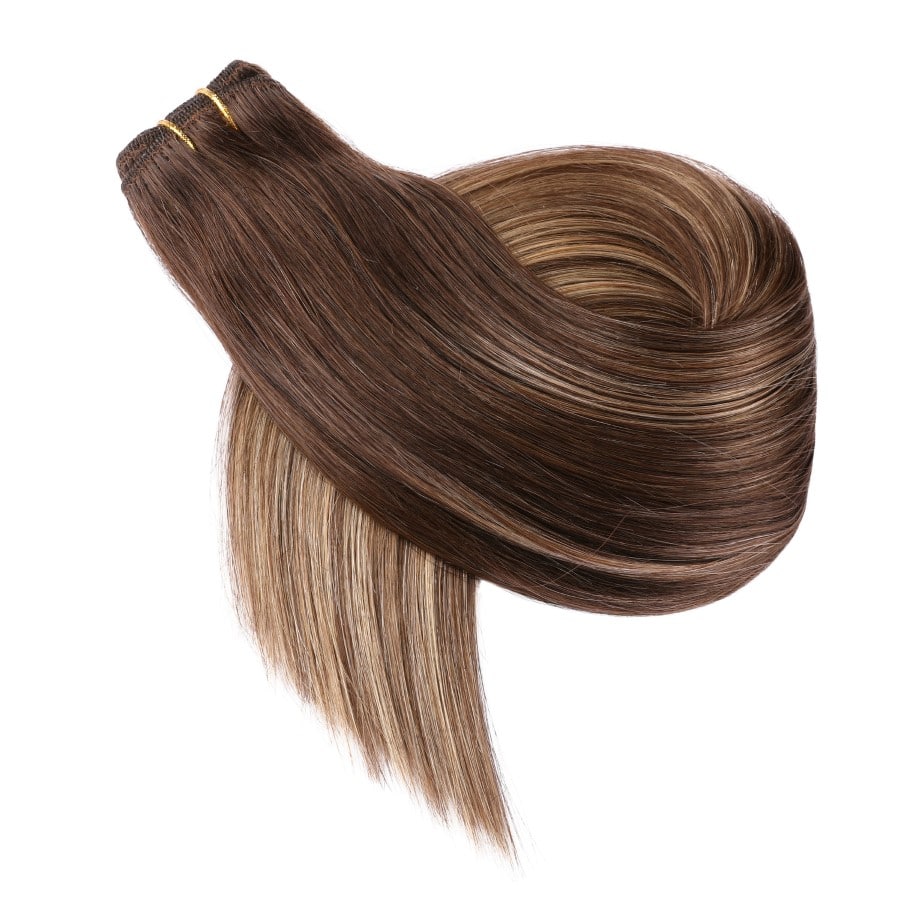 Extensión de cabello cosida con tejido Balayage de color castaño oscuro y rubio, cabello humano 100 % Remy real
