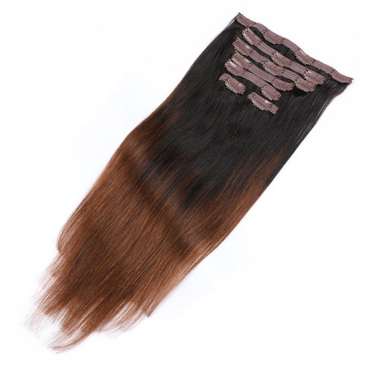 Extensiones con clip sin costuras en tono marrón ombré: cabello humano Remy 100 % real