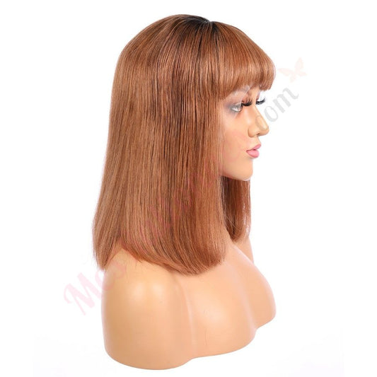 Violet - Short Brunette Remy Human Hair Wig 14 Inches Bob Wig With Bang