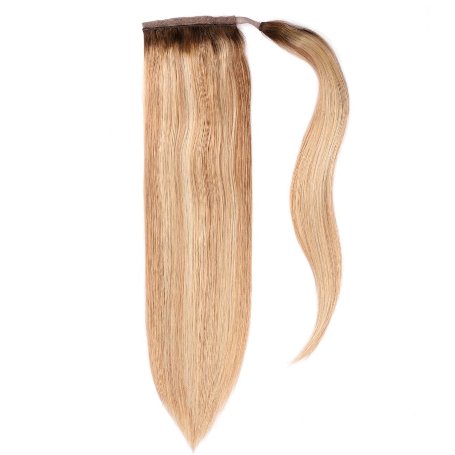 Extensions de cheveux queue de cheval #4t12/613 avec mèches blondes miel enracinées - 100 % vrais cheveux humains Remy