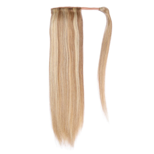 Extensiones de cabello para cola de caballo en color castaño miel y rubio ceniza n.° 12/24: cabello humano 100 % Remy real
