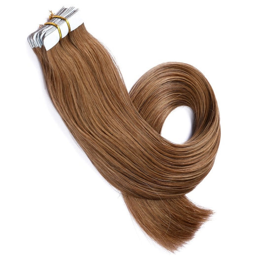 Extensiones adhesivas de color castaño claro n.° 8, 20 tramas, 45 gramos, 100 % cabello humano Remy real
