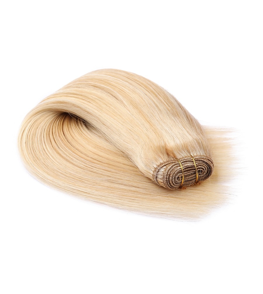 Extensión de cabello cosida en tejido rubio fresa y rubio decolorado n.° 27/613, cabello humano 100 % Remy real