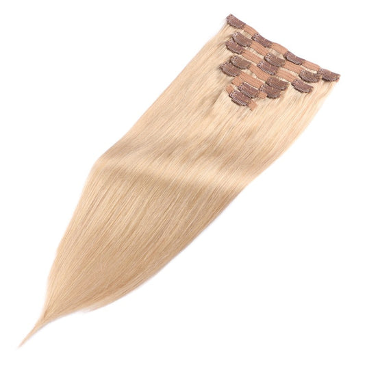 Extensiones de clip sin costuras en rubio arena: cabello humano Remy 100 % real