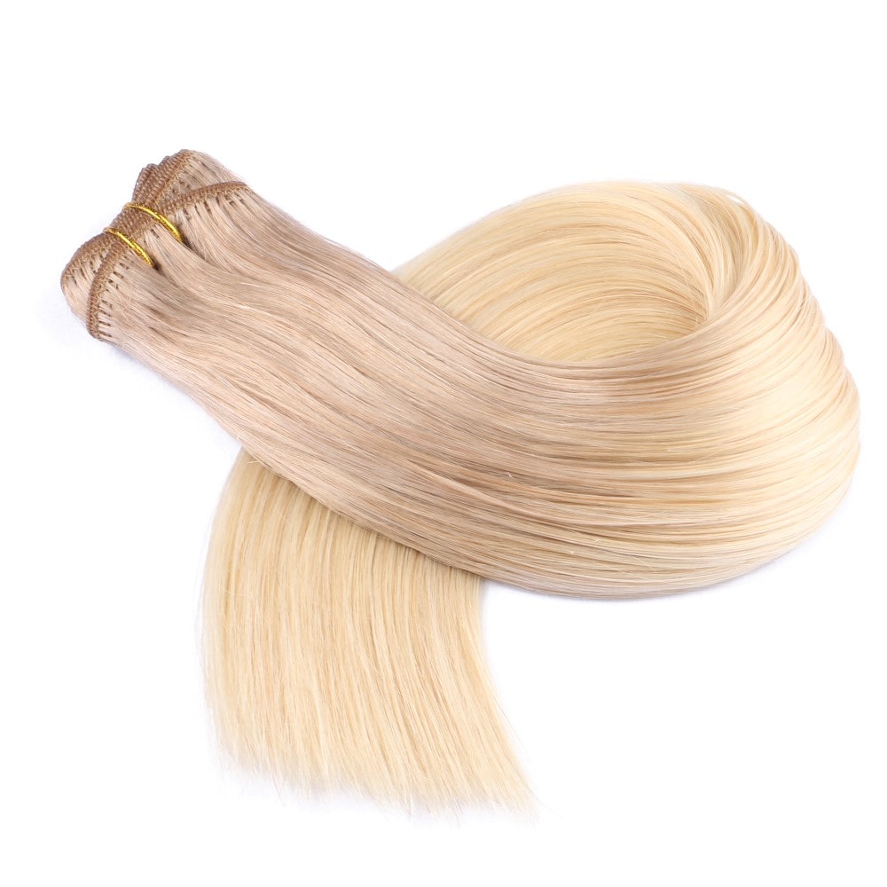 Extensión de cabello cosida en tejido rubio ceniza ombré, cabello humano 100 % Remy real