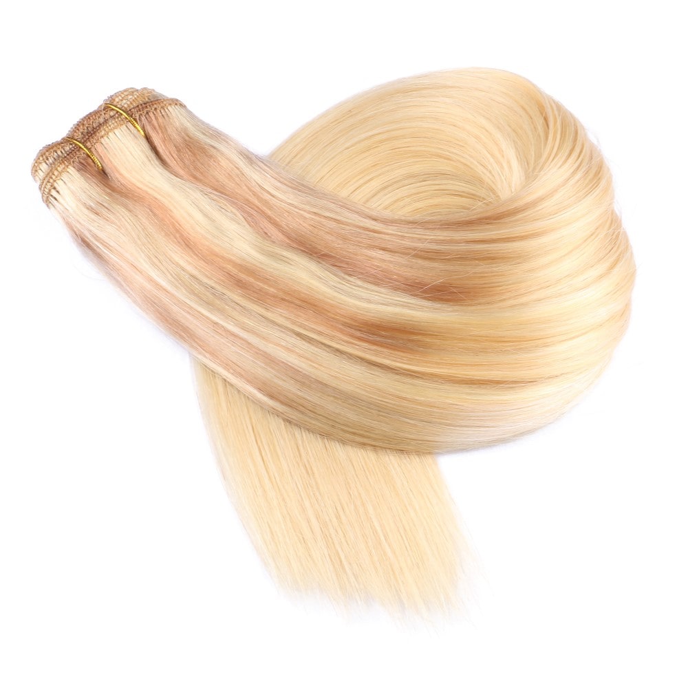 Extensión de cabello cosida en tejido rubio claro ombré, cabello humano 100 % Remy real