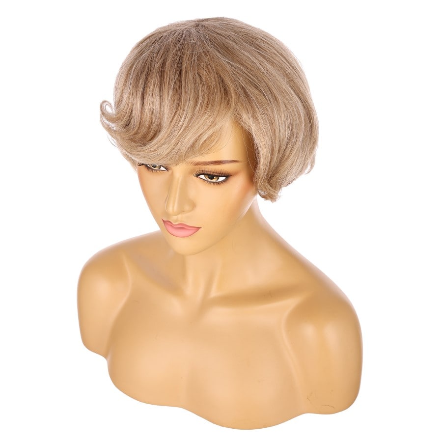 Perruque courte blonde dorée foncée douce de 10 pouces 10 pouces de cheveux humains Remy avec bang # 13-3