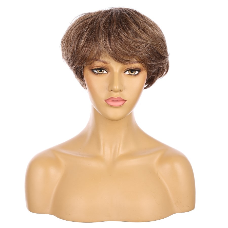 Perruque courte à reflets bruns et blonds de 10 pouces, cheveux humains Remy avec frange, 10 pouces, # TD-052