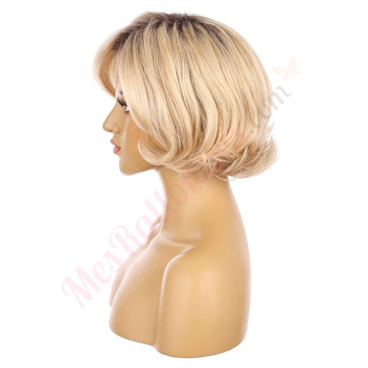 12" Rooted Light Golden Blonde Short Wig 12 inch Remy Human Hair with bang # 2-1-12inch