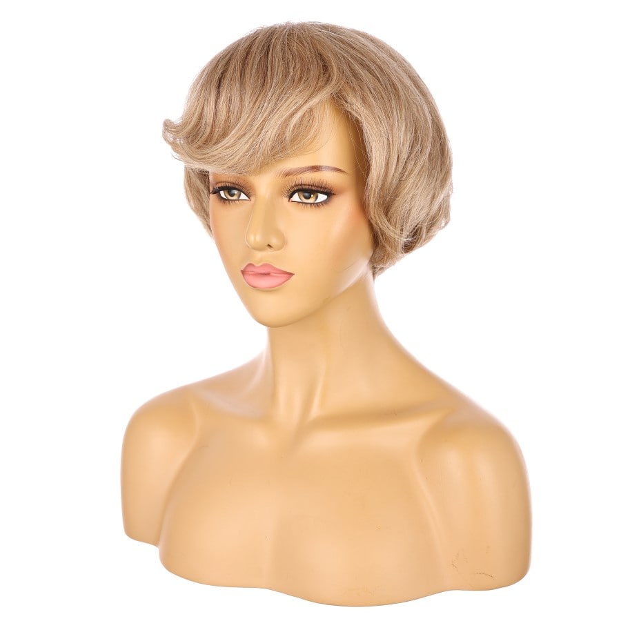 Perruque courte blonde dorée foncée douce de 10 pouces 10 pouces de cheveux humains Remy avec bang # 13-3