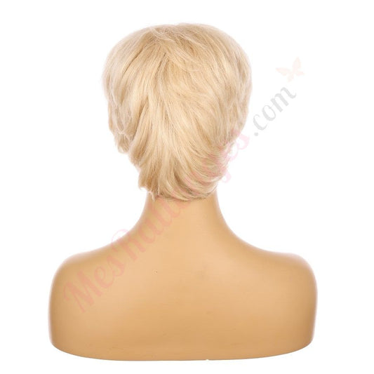 Perruque courte blonde décolorée de 10 pouces, cheveux humains Remy de 10 pouces avec bang # TD-068-14