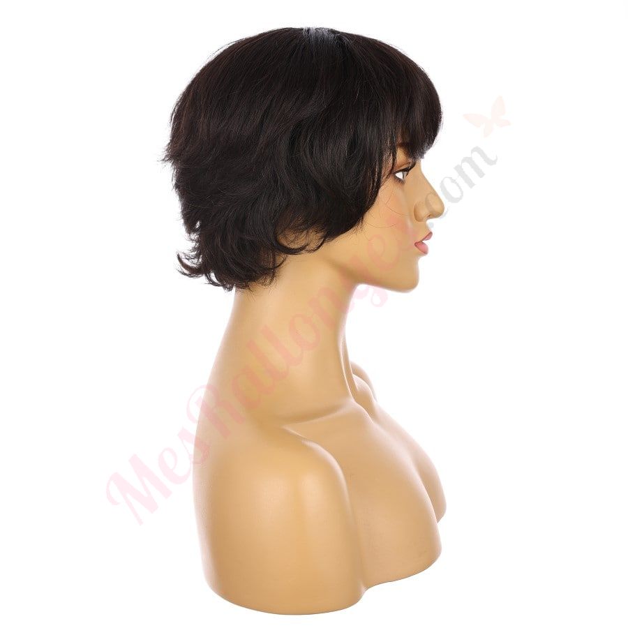 Perruque courte brune noire de 10 pouces, cheveux humains Remy avec frange, # TD-044