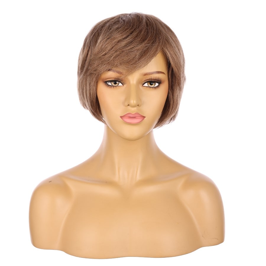 Peluca corta color marrón miel de 10 pulgadas, cabello humano Remy de 10 pulgadas con flequillo n.° 8-1