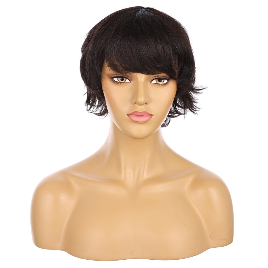Perruque courte brune noire de 10 pouces, cheveux humains Remy avec frange, # TD-044