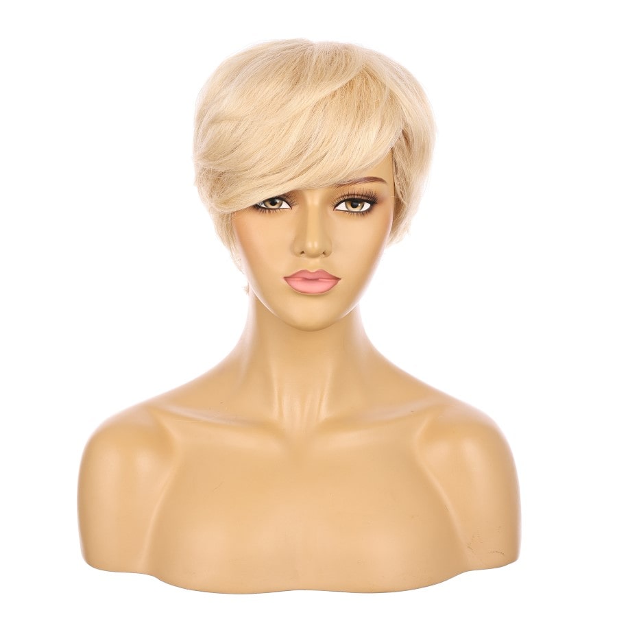 Perruque courte blonde décolorée de 10 pouces, cheveux humains Remy de 10 pouces avec bang # TD-068-14