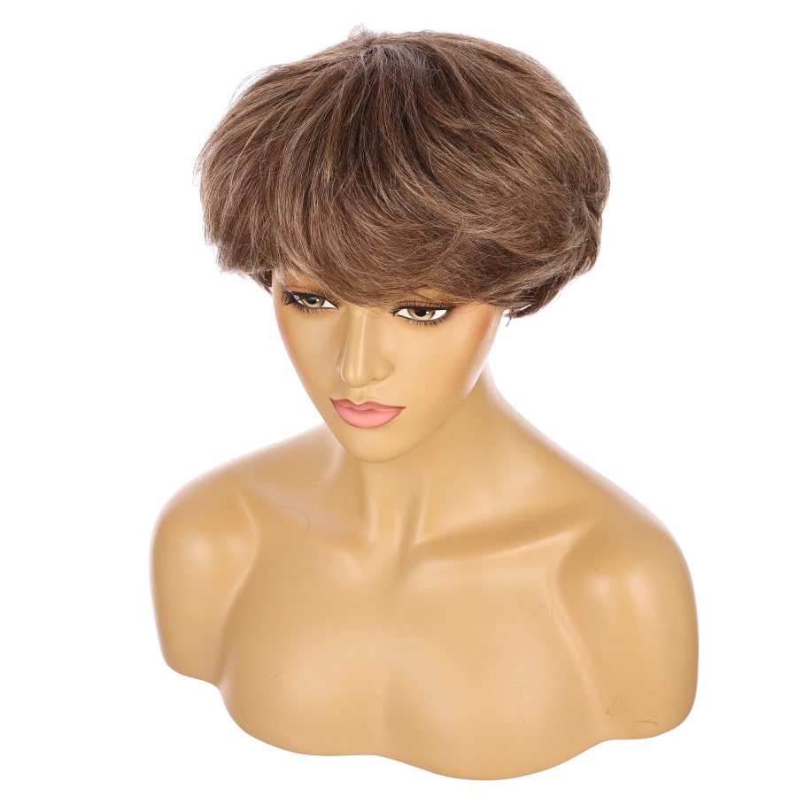 Perruque courte à reflets bruns et blonds de 10 pouces, cheveux humains Remy avec frange, 10 pouces, # TD-052