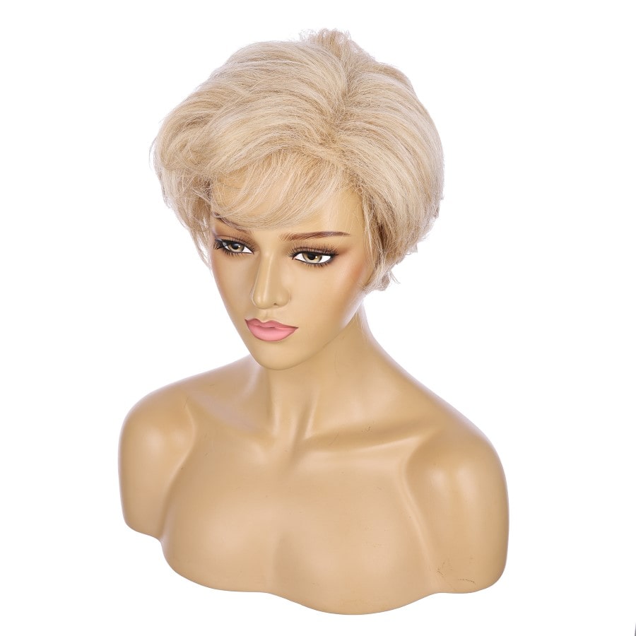 Perruque courte blonde beige 10 pouces 10 pouces cheveux humains Remy avec bang # 5-3