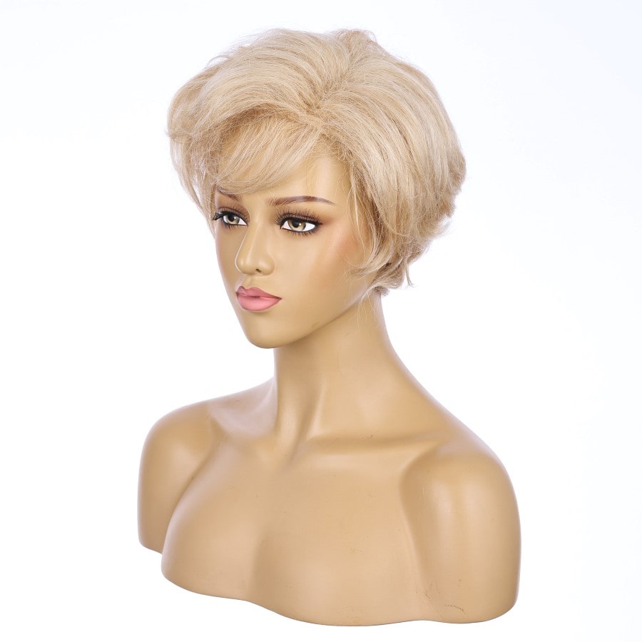Perruque courte blonde beige 10 pouces 10 pouces cheveux humains Remy avec bang # 5-3