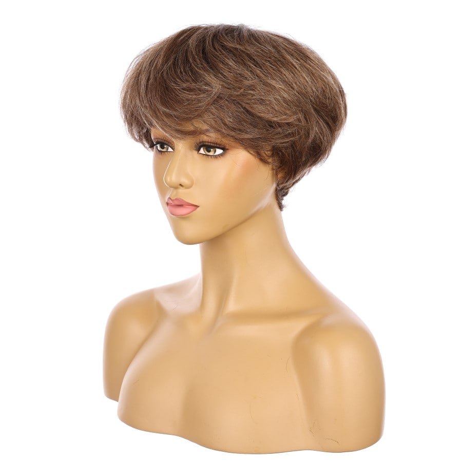 Perruque courte à reflets bruns et blonds de 10 pouces, cheveux humains Remy avec frange, 10 pouces, # TD-052