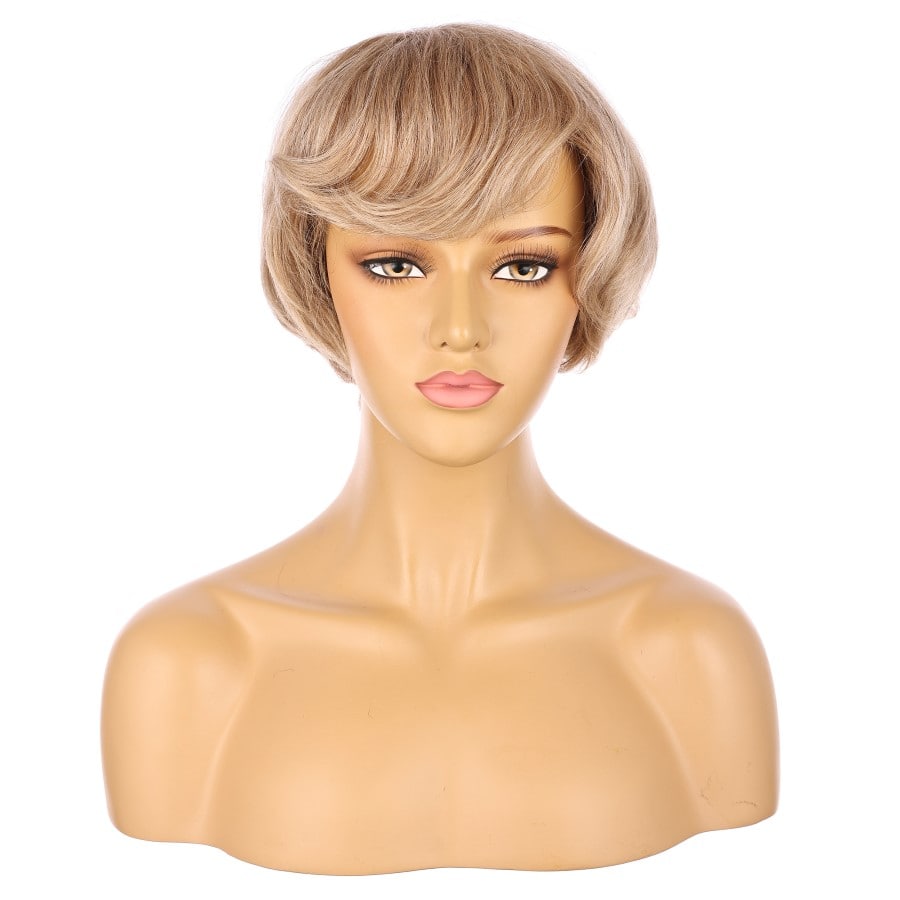 Perruque courte blonde dorée foncée douce de 10 pouces 10 pouces de cheveux humains Remy avec bang # 13-3