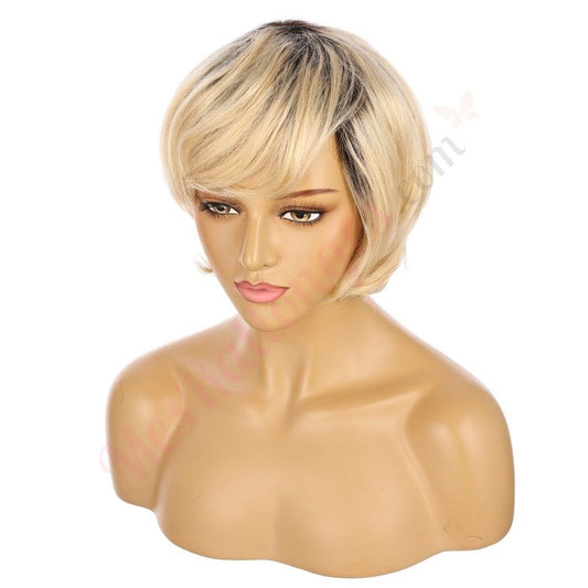 10" Rooted Golden Blonde Short Wig 10 inch Remy Human Hair with bang # 11-3