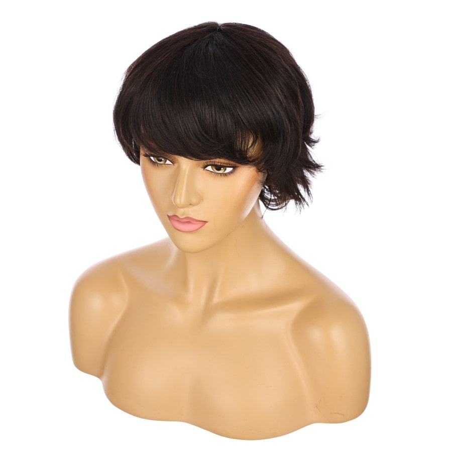 Perruque courte brune noire de 10 pouces, cheveux humains Remy avec frange, # TD-044