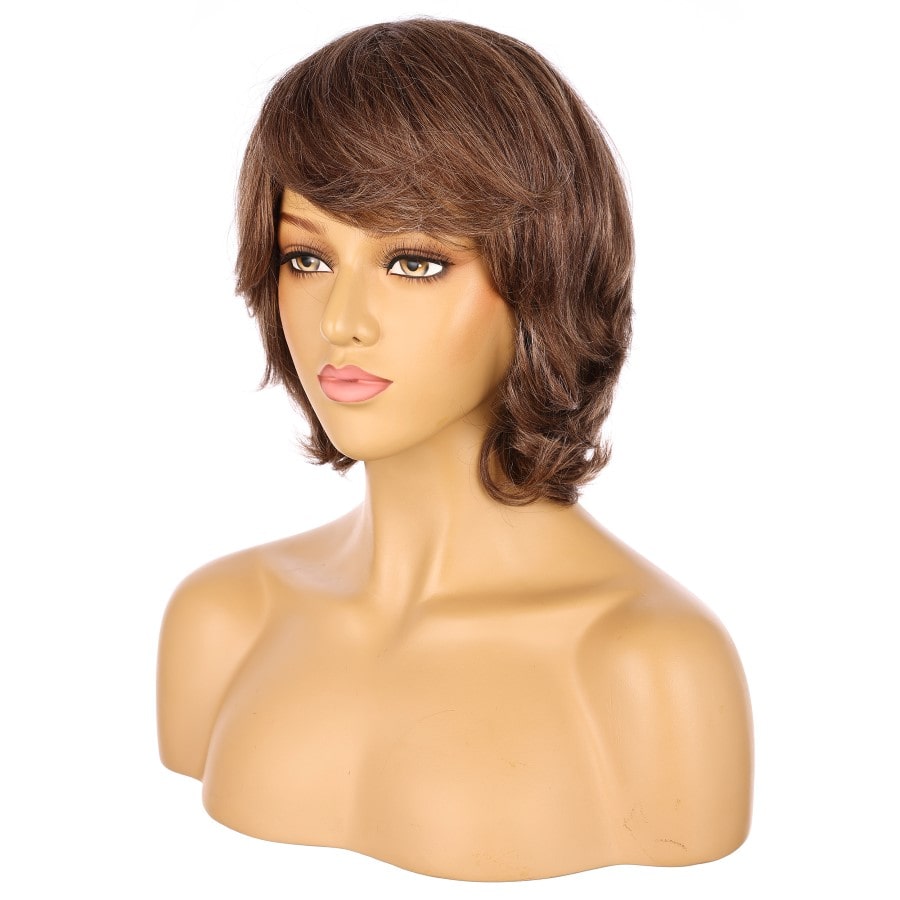 12" Brown & Blonde Highlighted Short Wig 12 inch Remy Human Hair with bang # 5-1-12inch