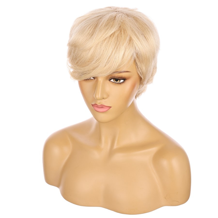 Perruque courte blonde décolorée de 10 pouces, cheveux humains Remy de 10 pouces avec bang # TD-068-14