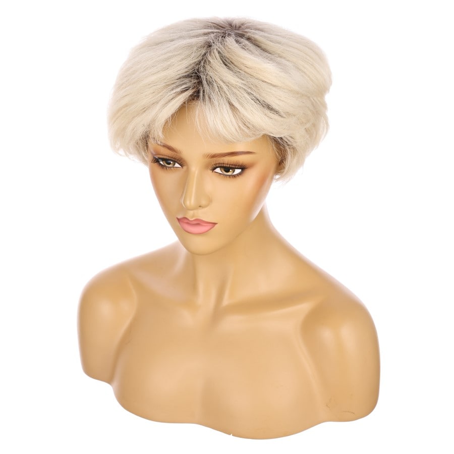 Peluca corta de 10" de color rubio ceniza con raíces, cabello humano Remy de 10 pulgadas con flequillo, n.° TD-Z088