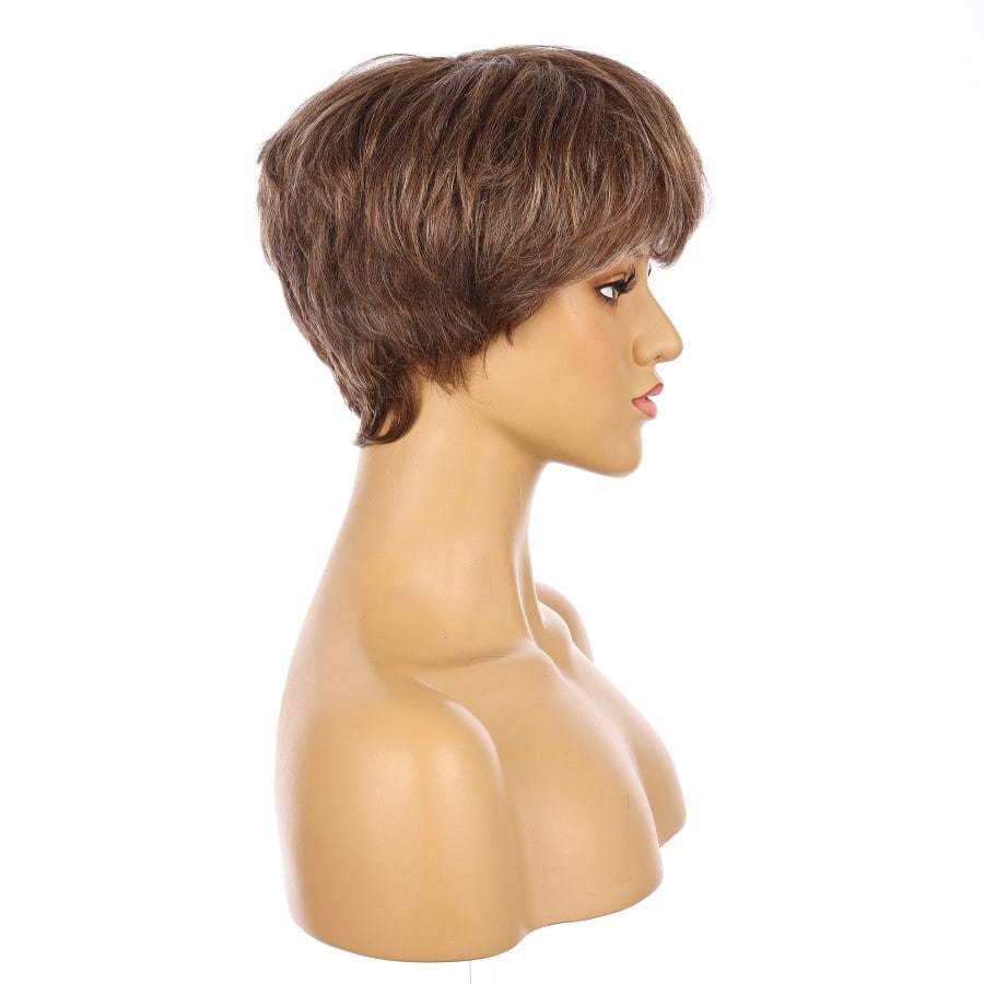 Perruque courte à reflets bruns et blonds de 10 pouces, cheveux humains Remy avec frange, 10 pouces, # TD-052