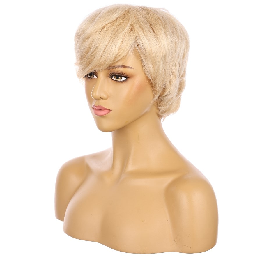 Perruque courte blonde décolorée de 10 pouces, cheveux humains Remy de 10 pouces avec bang # TD-068-14