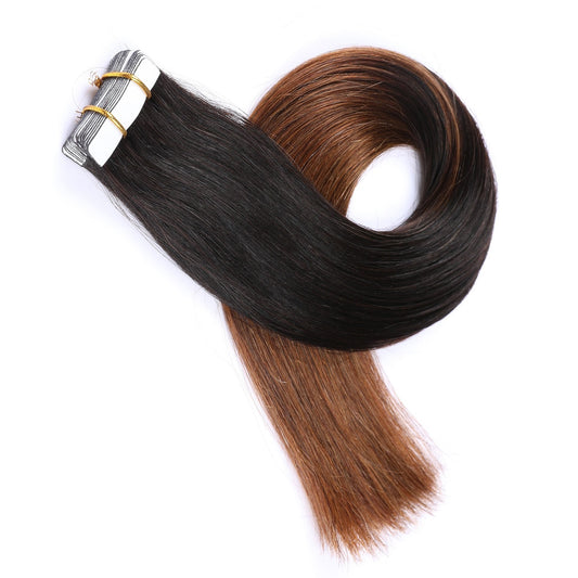 Extensiones adhesivas de color castaño oscuro ombré, 20 tramas, 45 gramos, 100 % cabello humano Remy real