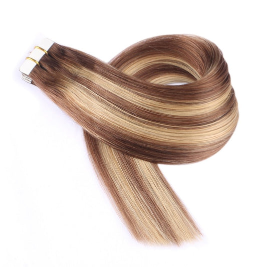 Extensiones de cabello humano Remy 100 % con cinta adhesiva Balayage en color castaño rojizo, 20 tramas, 45 gramos