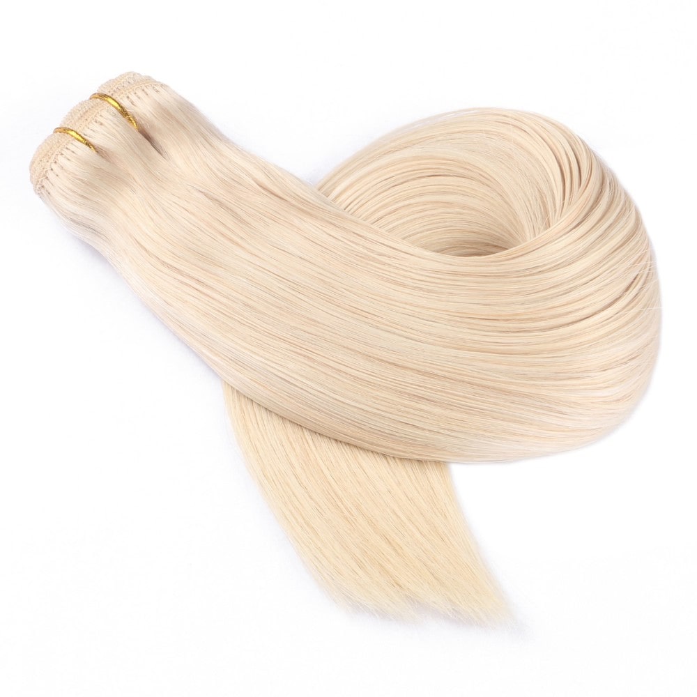 Extensión de cabello rubio platino cosida a máquina, cabello humano Remy 100 % real
