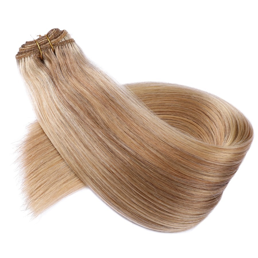 Extensión de cabello cosida en tejido color castaño miel y rubio ceniza n.° 12/24, cabello humano 100 % Remy real