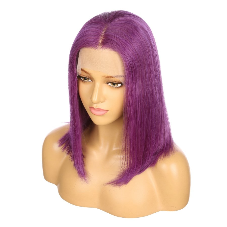 Peluca corta de cabello humano Remy morado de 16 pulgadas, corte bob cuadrado