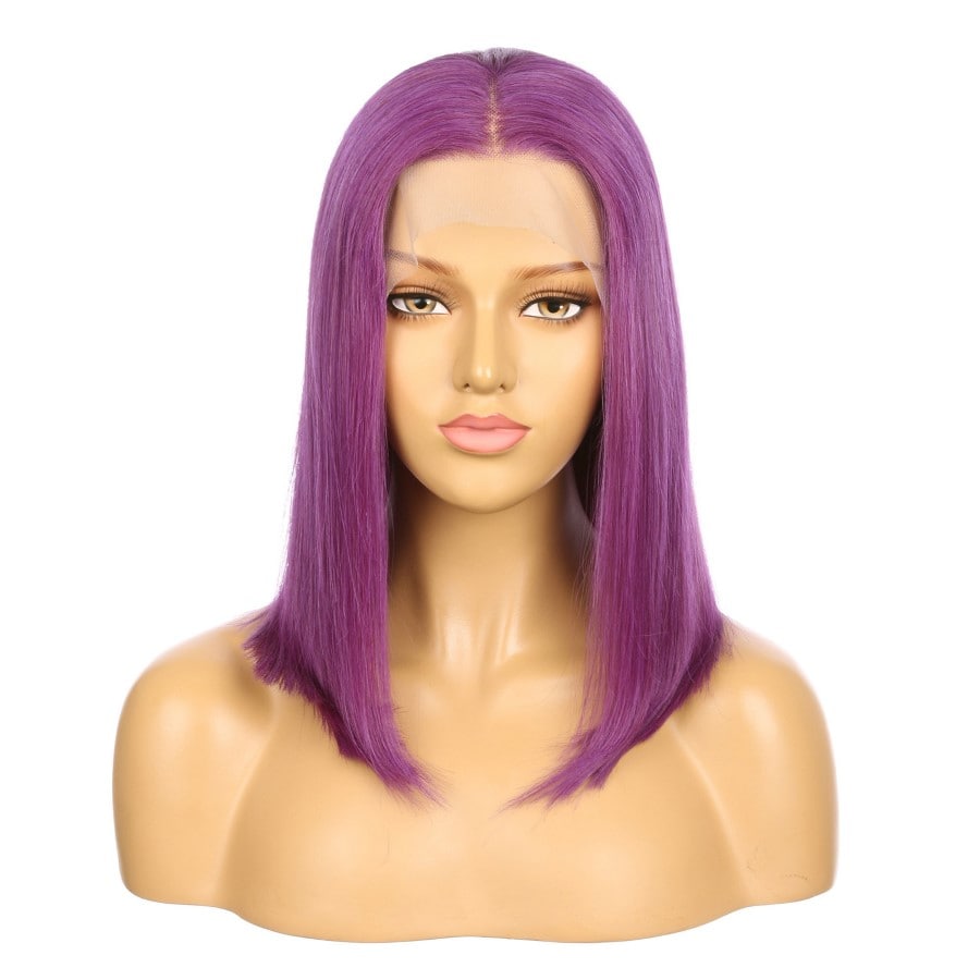 Peluca corta de cabello humano Remy morado de 16 pulgadas, corte bob cuadrado