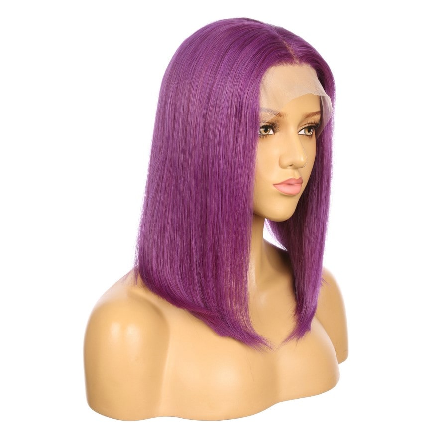 Peluca corta de cabello humano Remy morado de 16 pulgadas, corte bob cuadrado