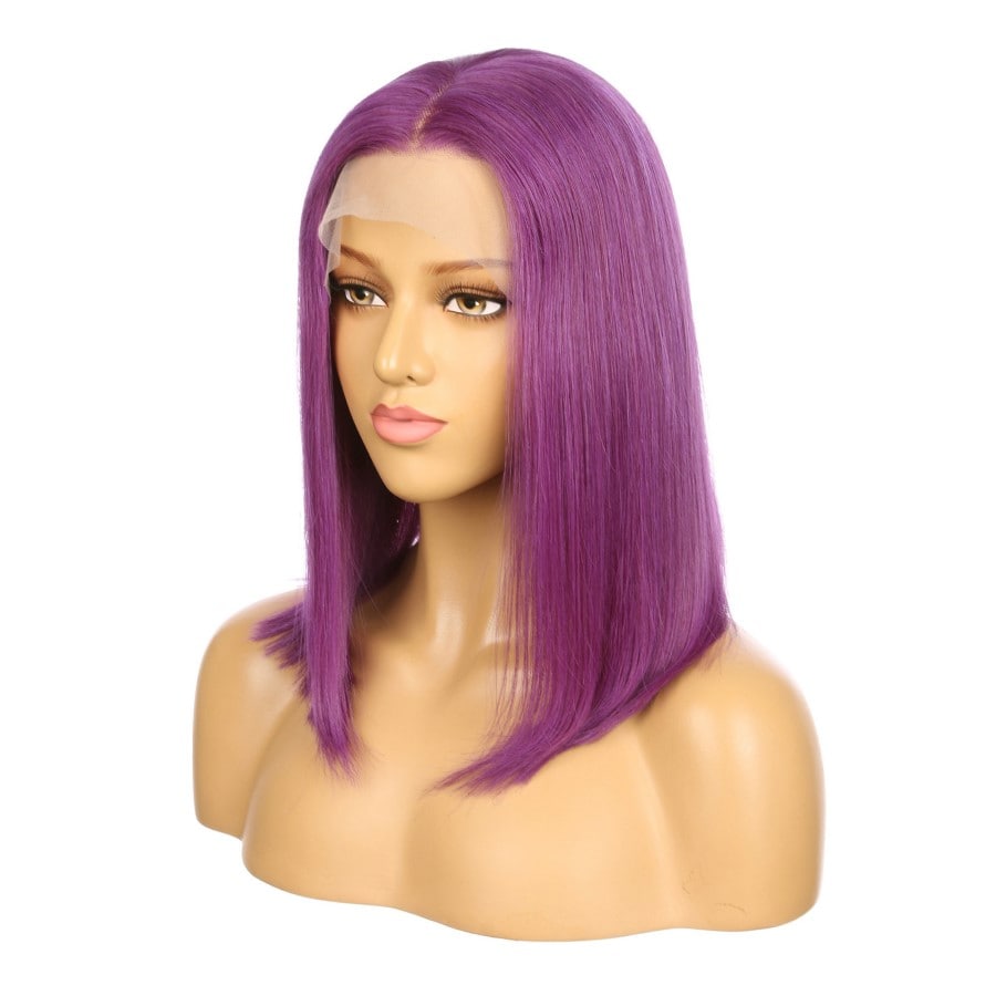 Peluca corta de cabello humano Remy morado de 16 pulgadas, corte bob cuadrado