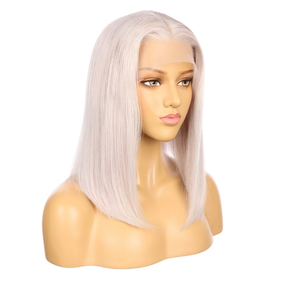 16" White Gray Remy Human Hair Short Wig 16inch, Square Cut Bob